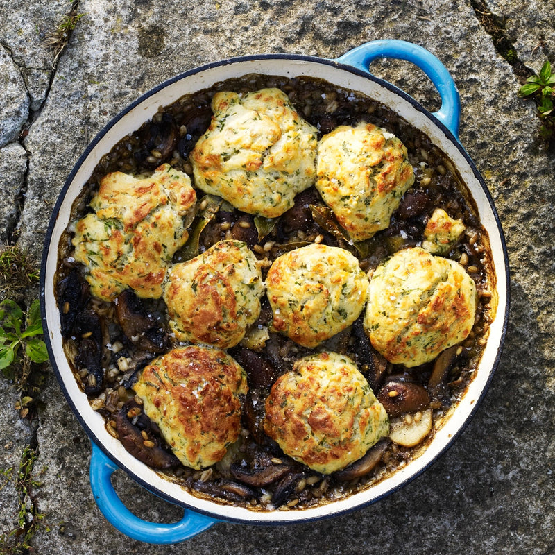 Mushroom, potato and barley cobbler