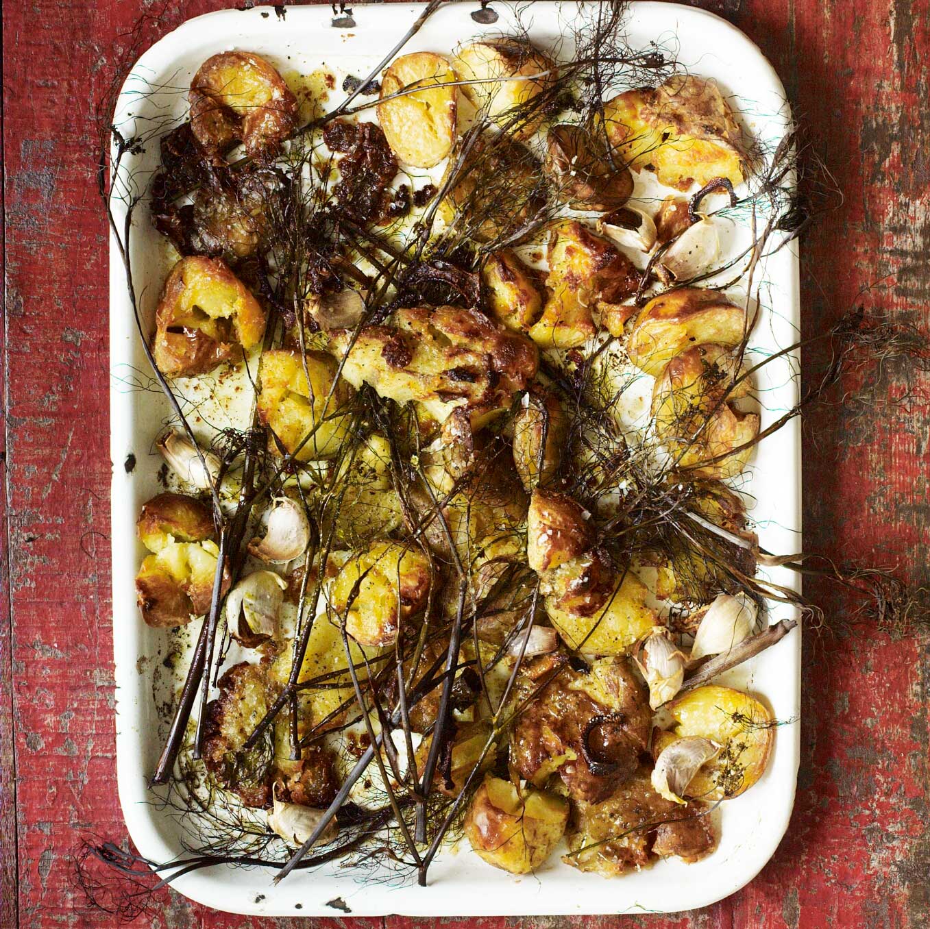 Crushed, crispy new potatoes with lemon & garlic