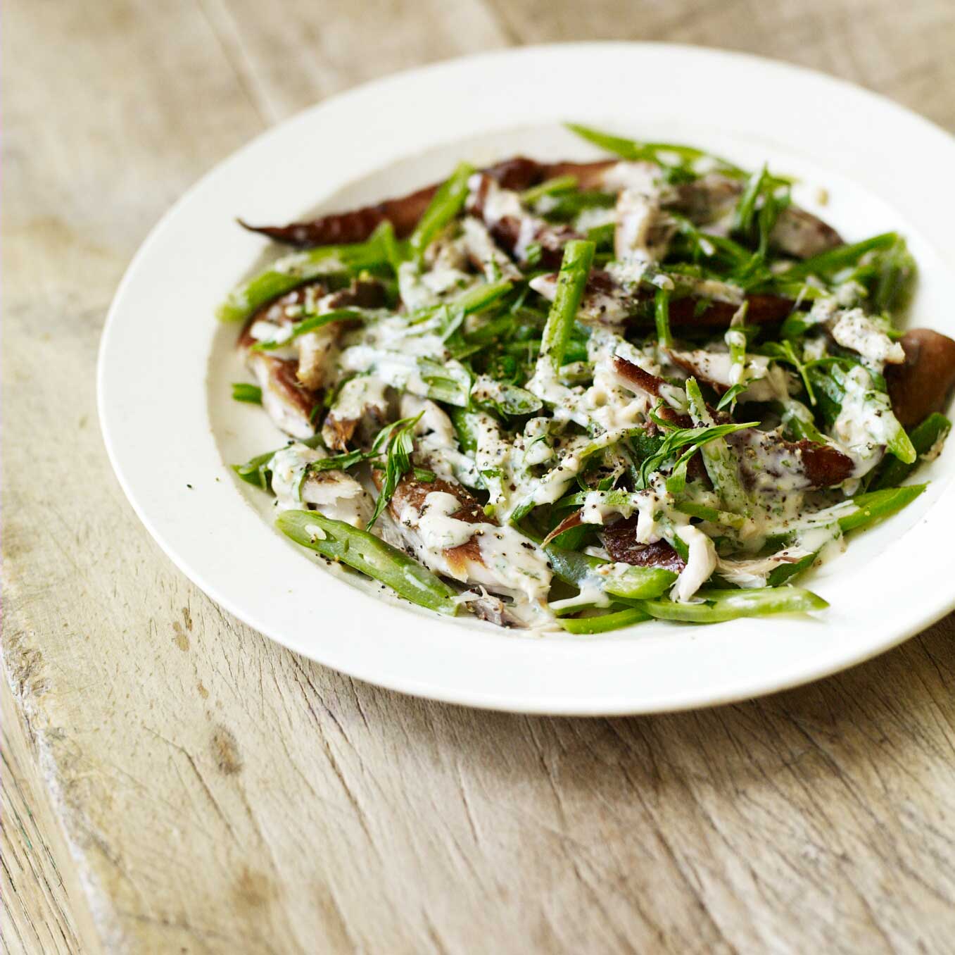 Runner beans with hot-smoked mackerel, horseradish & tarragon