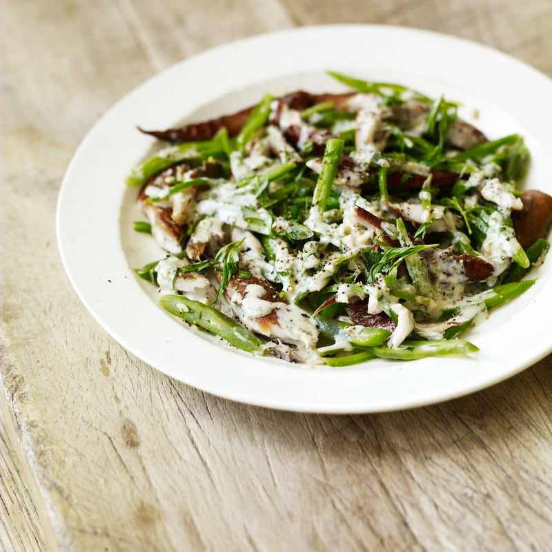 Runner beans with hot-smoked mackerel, horseradish & tarragon