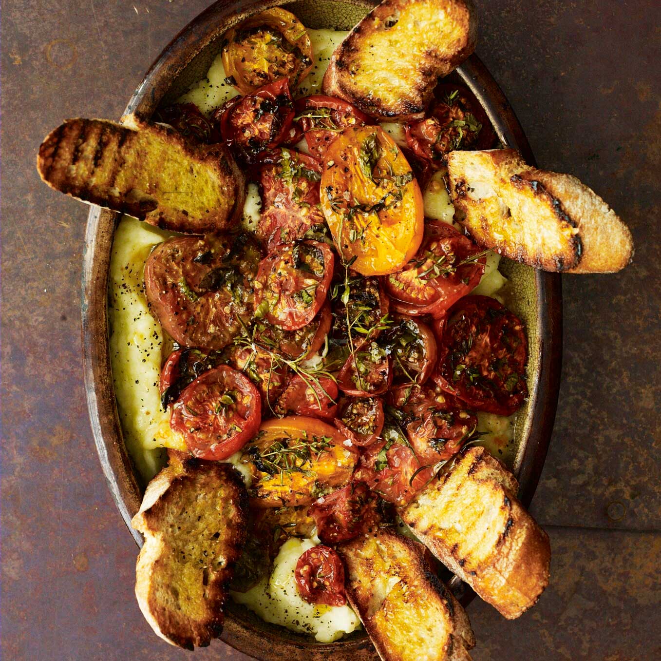 Roast tomatoes with potato purée & grilled bread