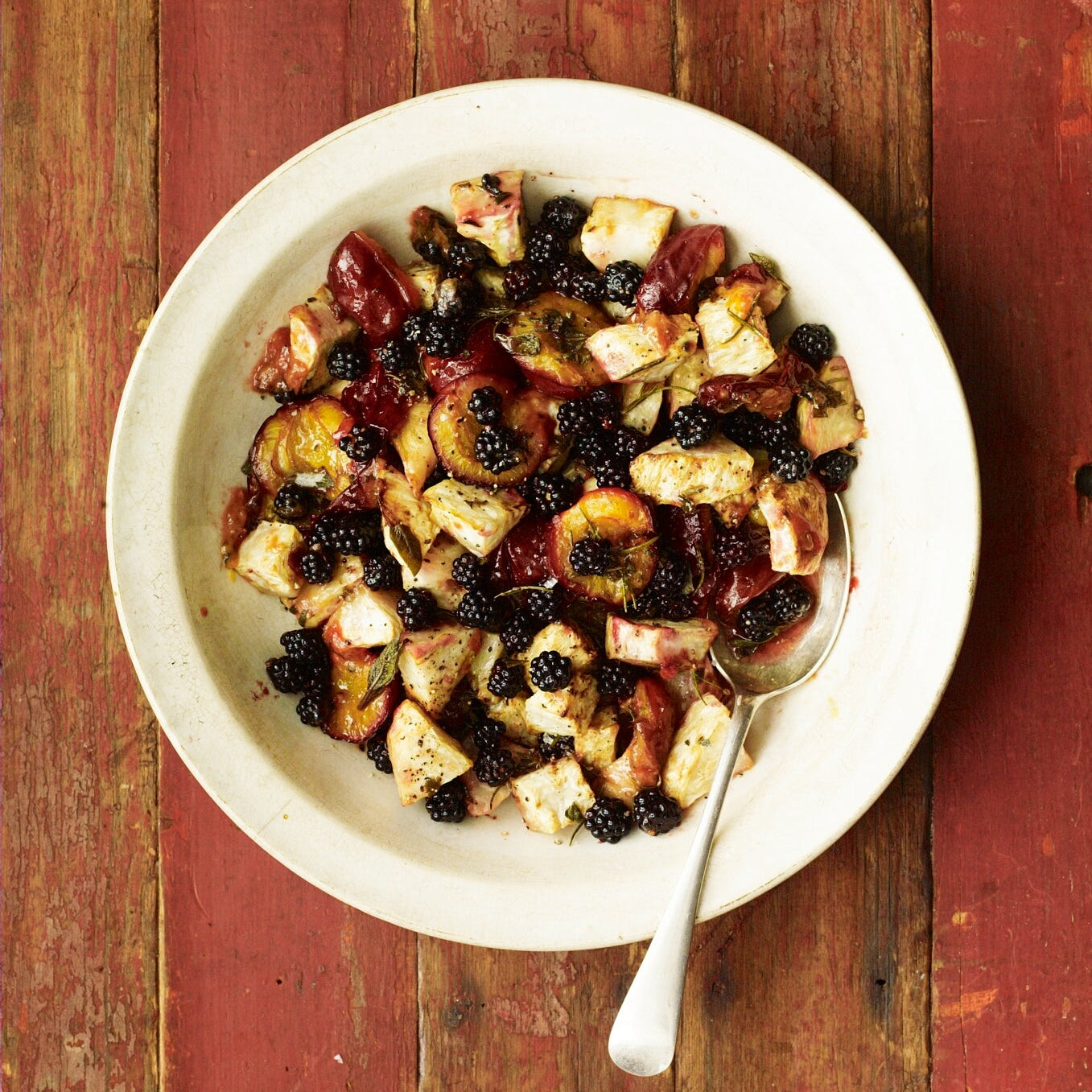 Celeriac, plum & blackberry salad