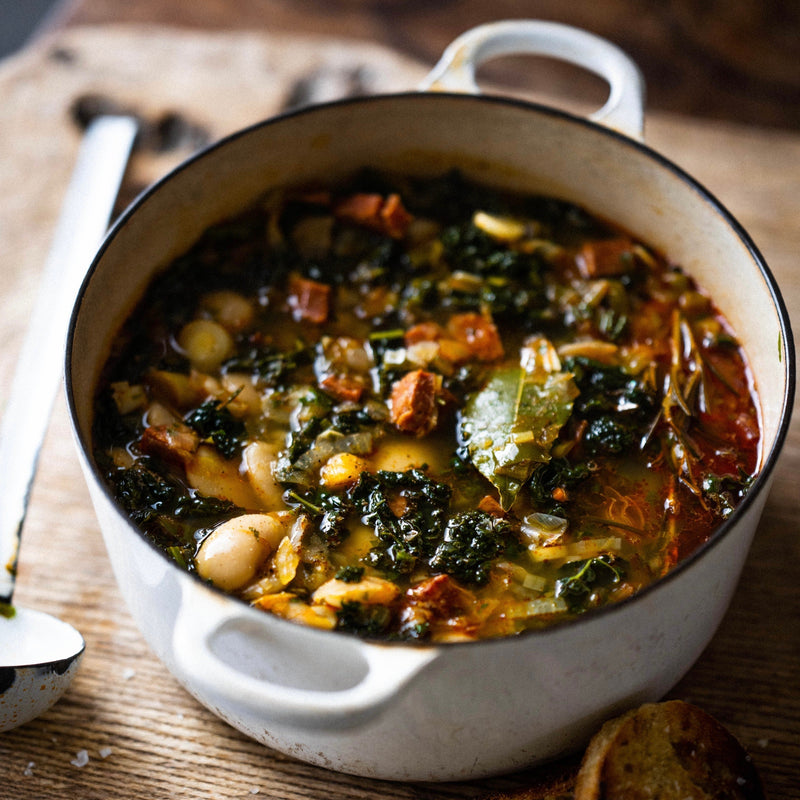 Bean soup with kale, leeks, chorizo, parsley and grilled toast