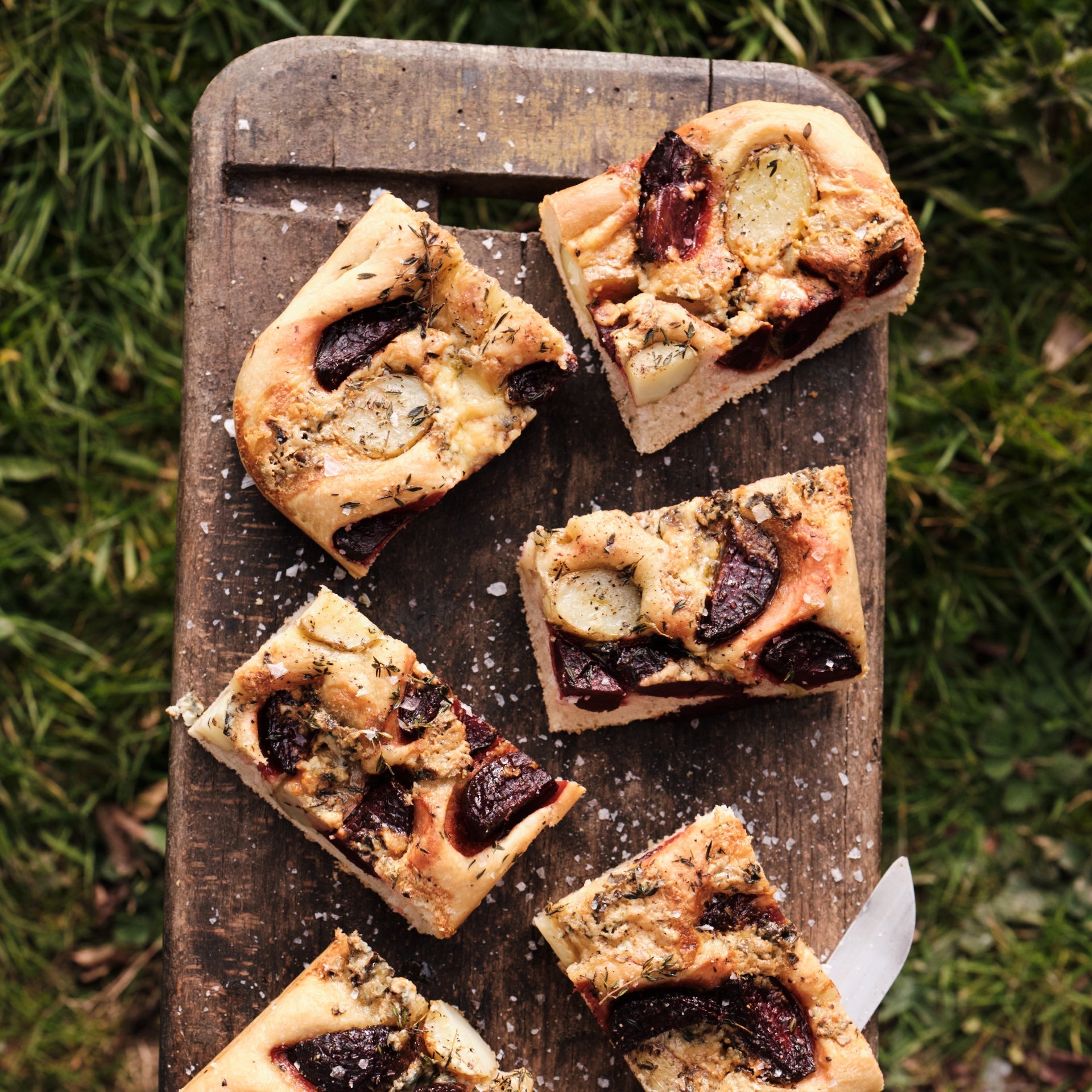 New potato, blue cheese, beetroot and thyme focaccia