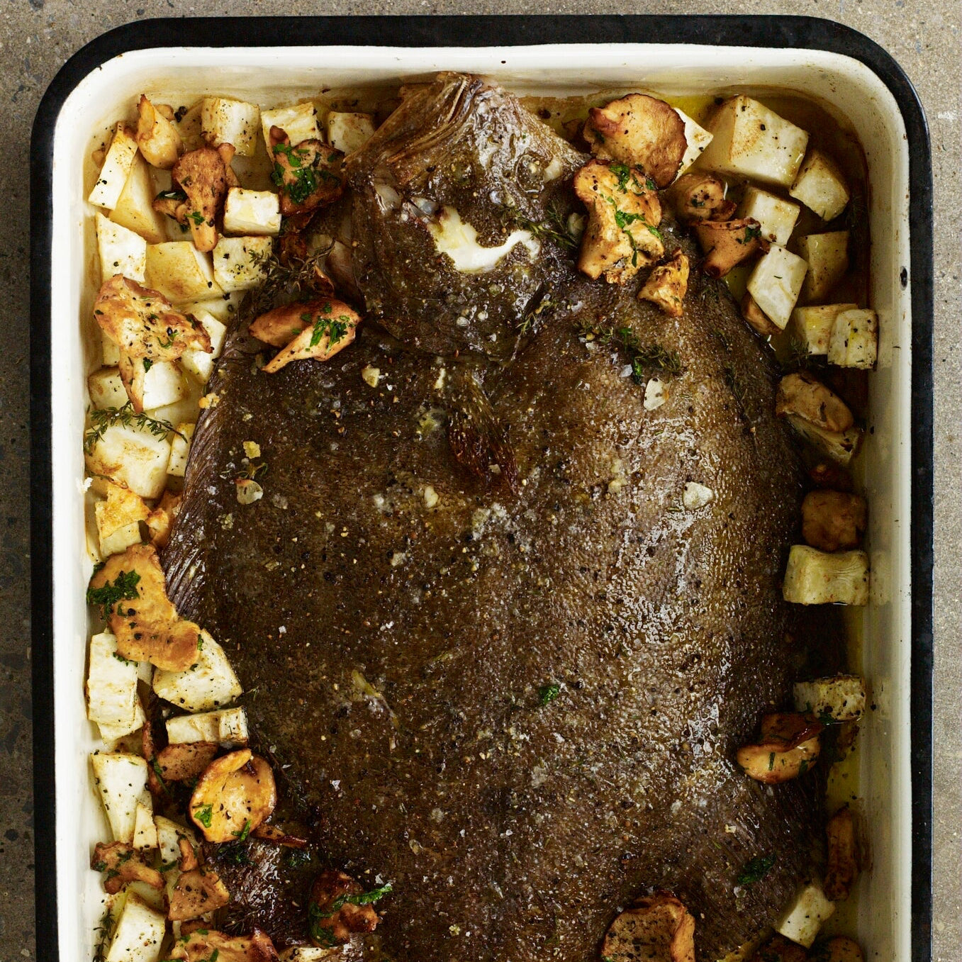 Whole roast brill with celeriac & hedgehog mushrooms