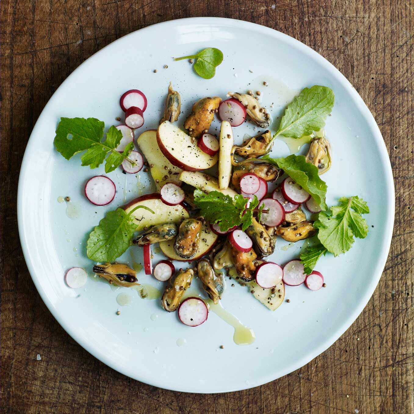 Pickled mussels with radishes, toasted coriander & apples