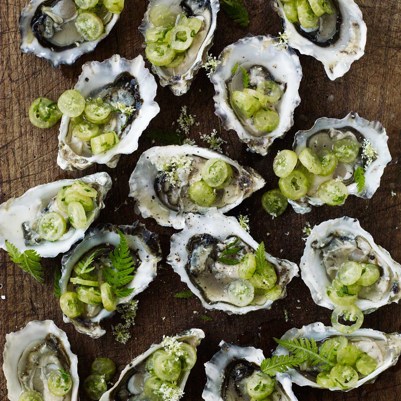 Oysters with sweet cicely & gooseberries