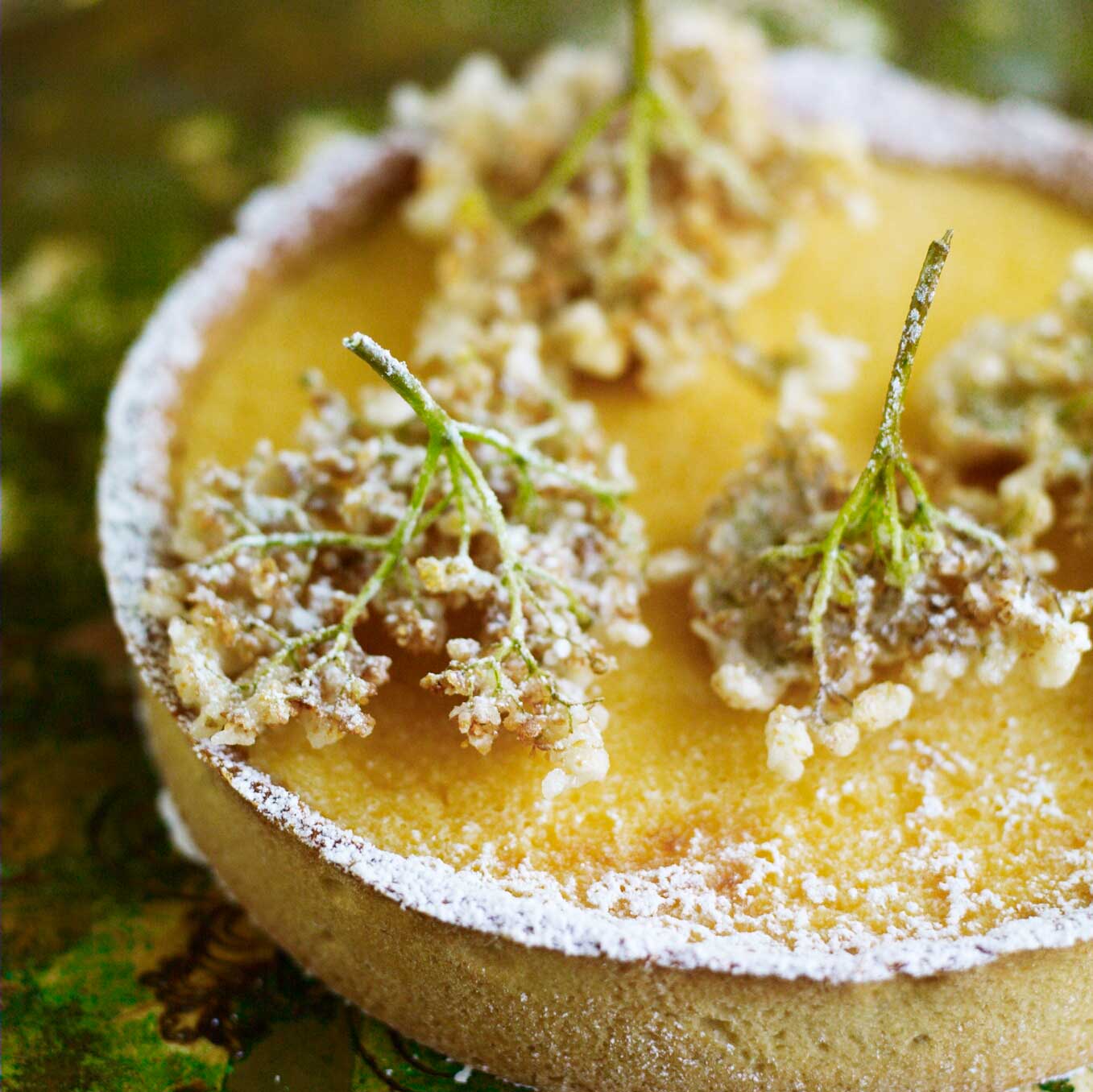 Lemon & gooseberry tart with elderflower fritters