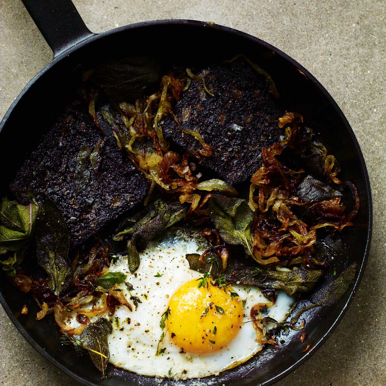 Black pudding with sage, onions & duck eggs