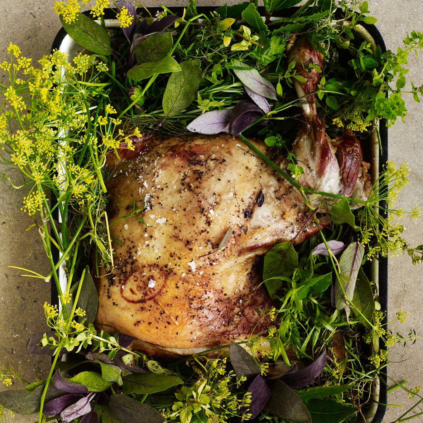 Slow-roast mutton shoulder with garden herbs