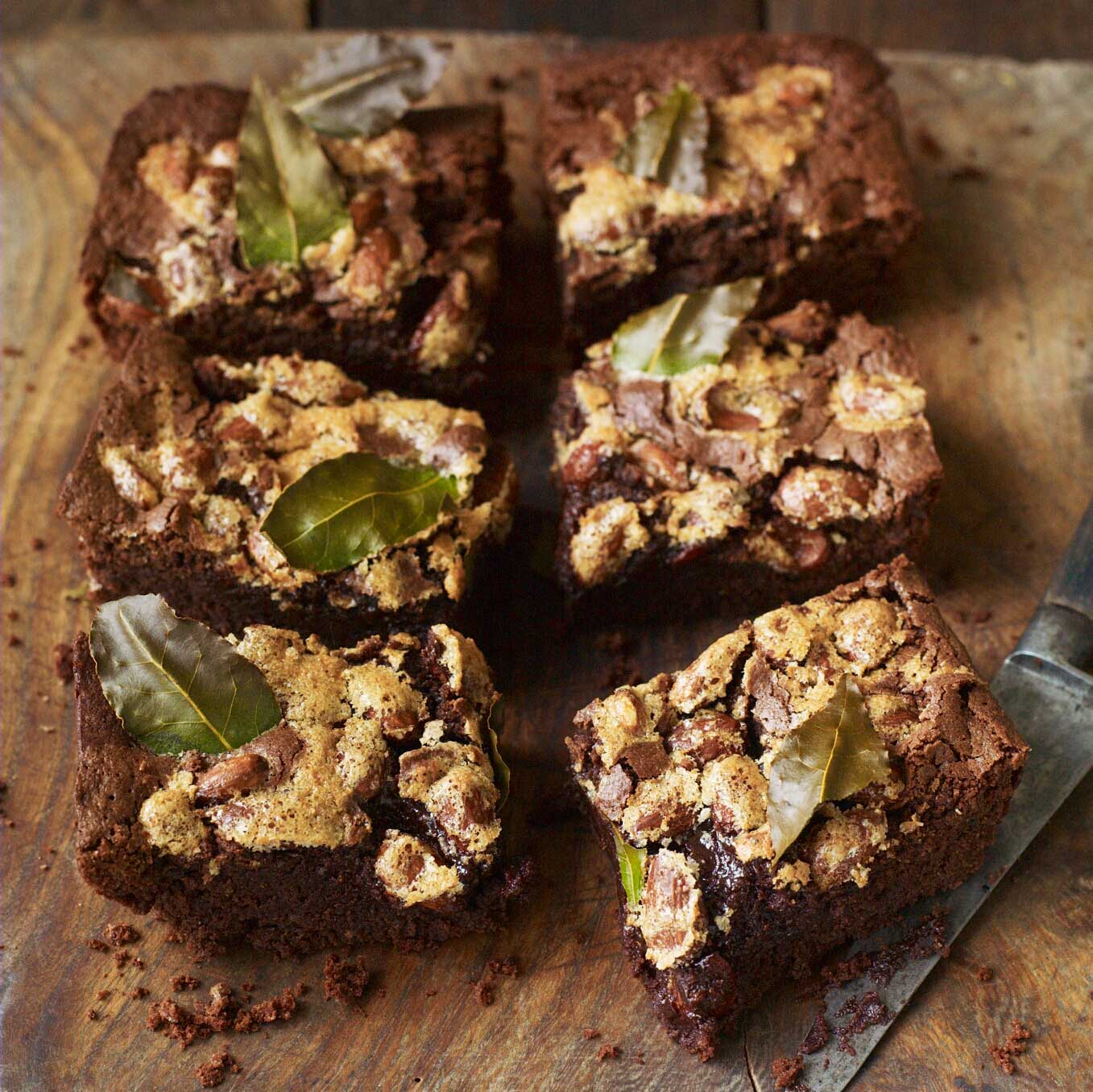 Chocolate rye brownies with bay & almonds