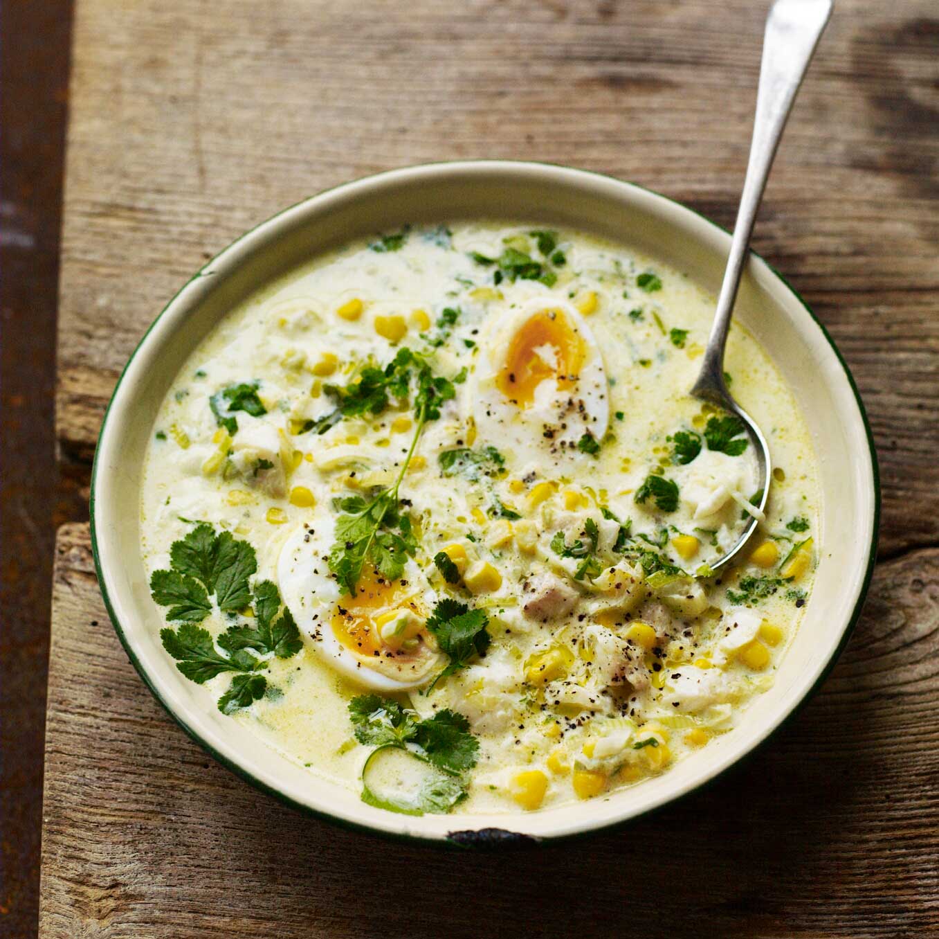 Sweetcorn & smoked haddock soup with soft-boiled eggs & coriander