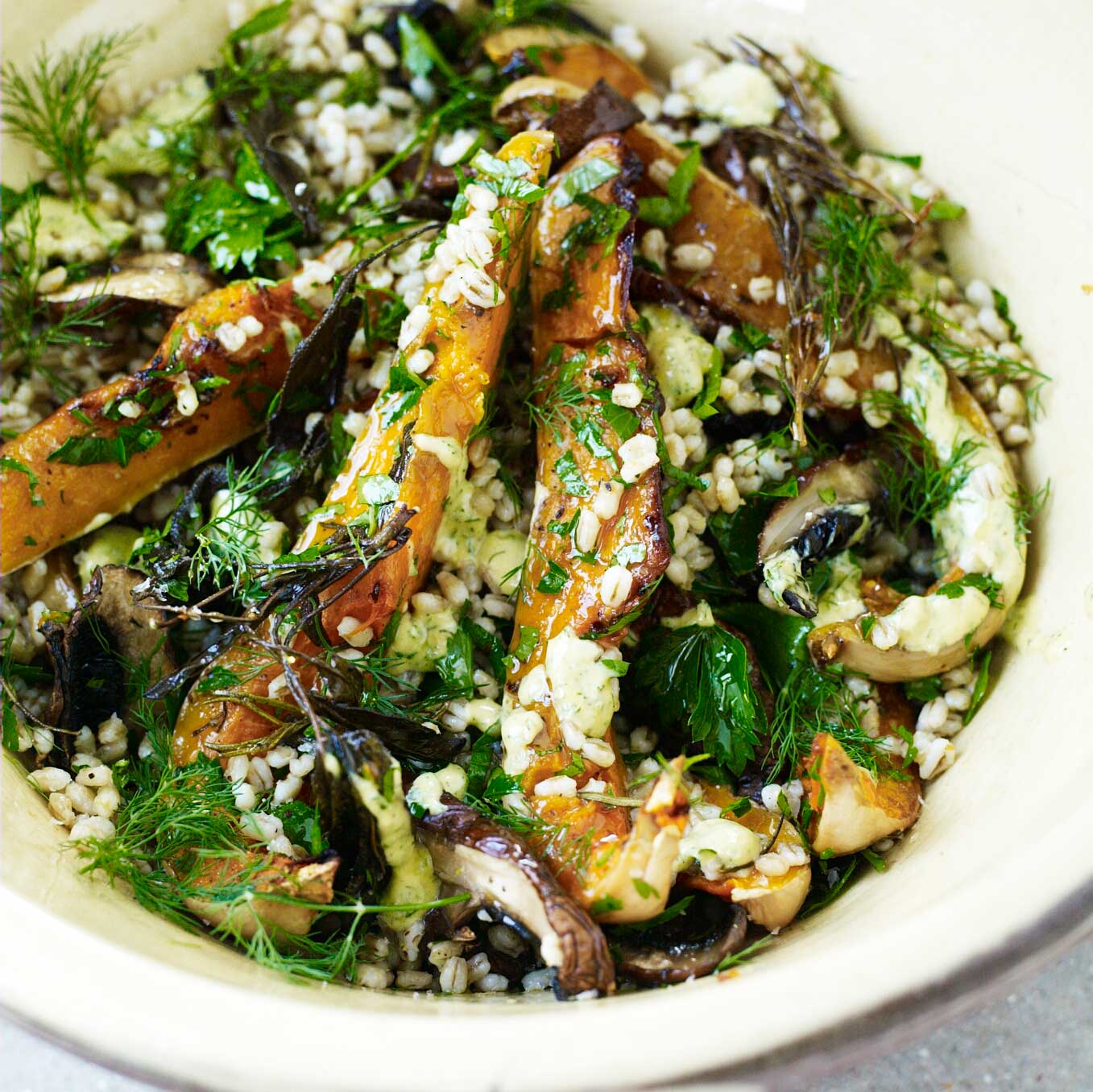 Barley, squash & mushrooms with herb & crème fraîche dressing