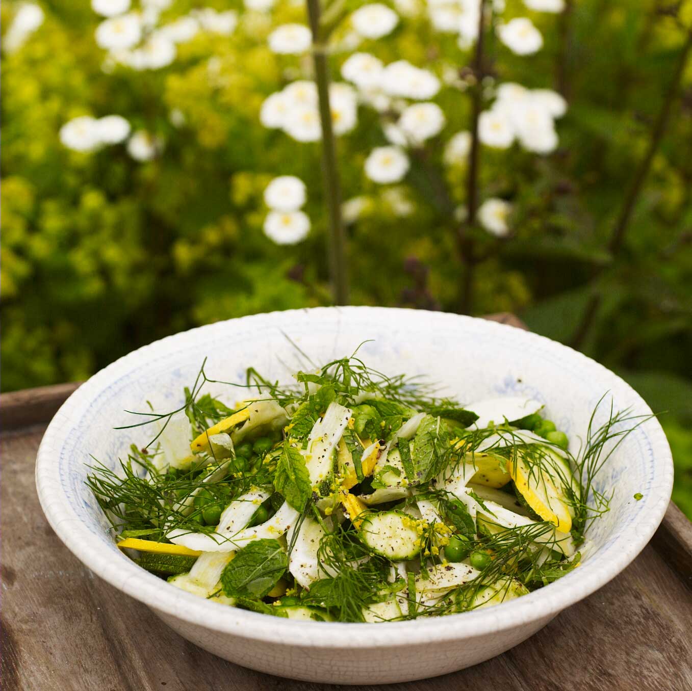 Raw courgettes with fennel, pea, mint, dill & lemon