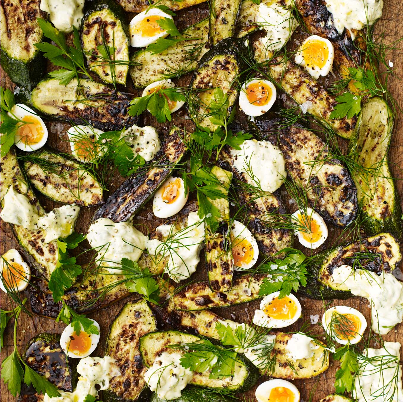 Barbecued courgettes with quail eggs & tartare sauce