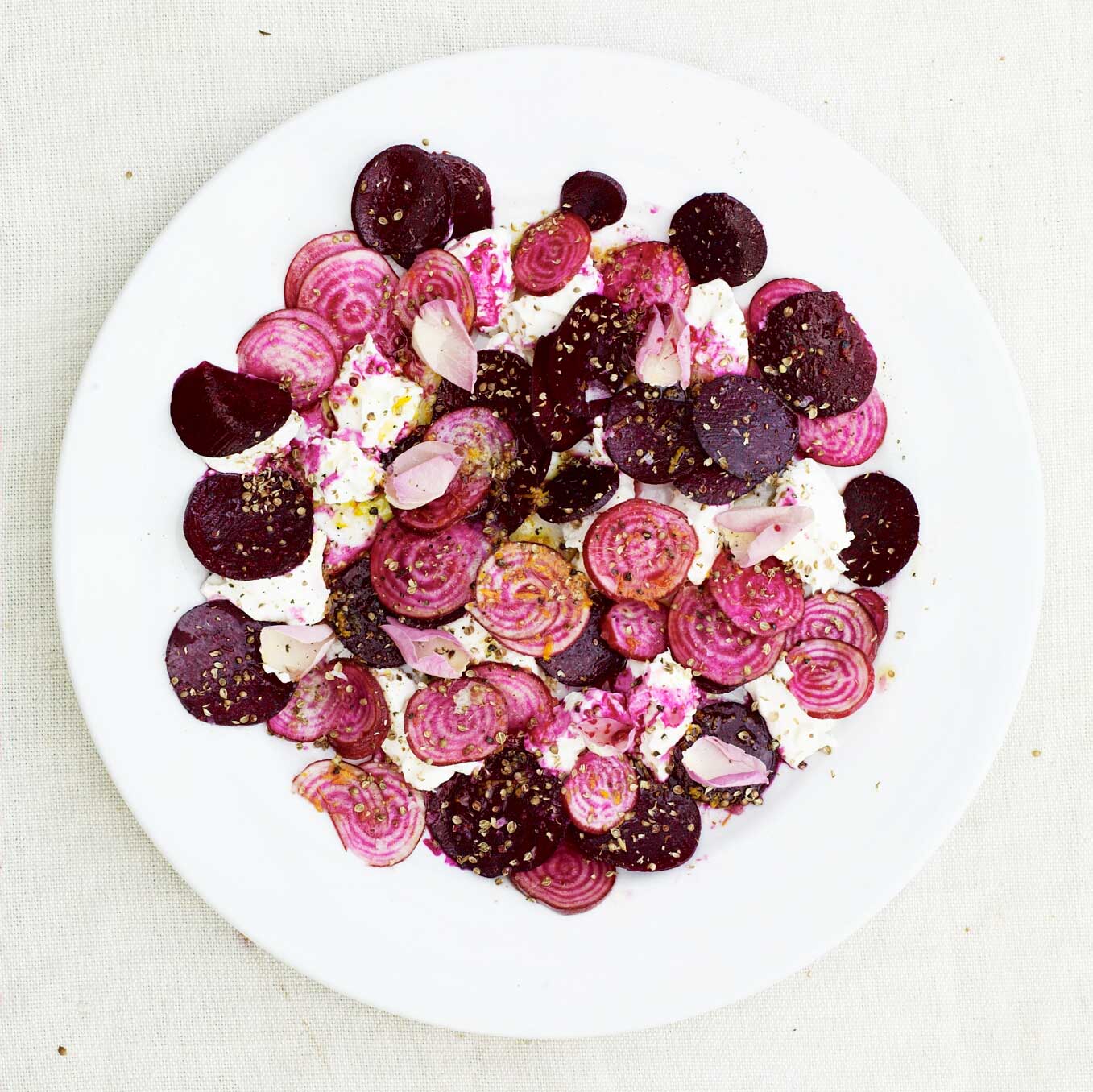 A salad of raw beetroot, curd & rose