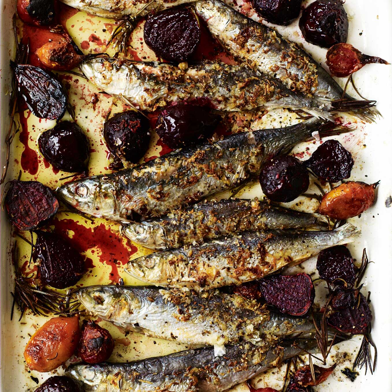 Grilled sardines with beetroot, cumin & rosemary