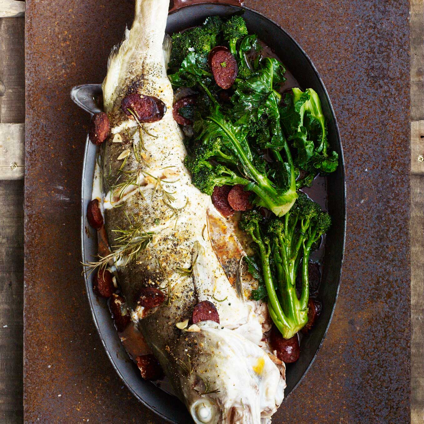 Slashed and roast cod with chorizo, rosemary & purple-sprouting broccoli