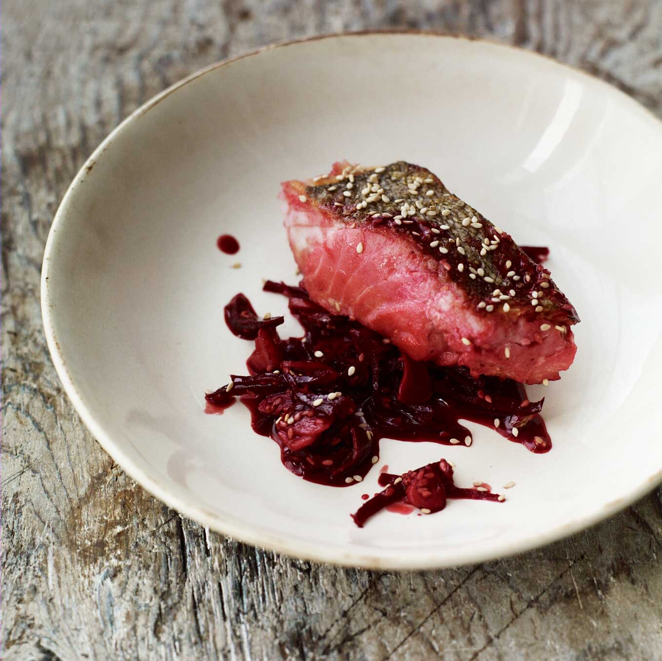 Fried cod with ginger, beetroot, orange & sesame