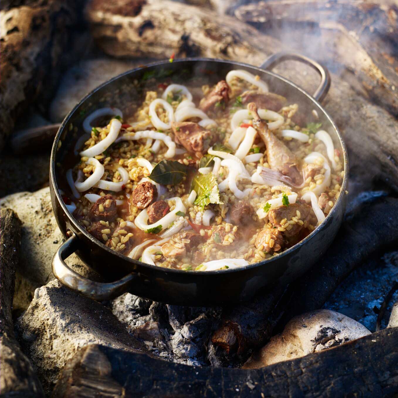 Barley paella with squid & pheasant