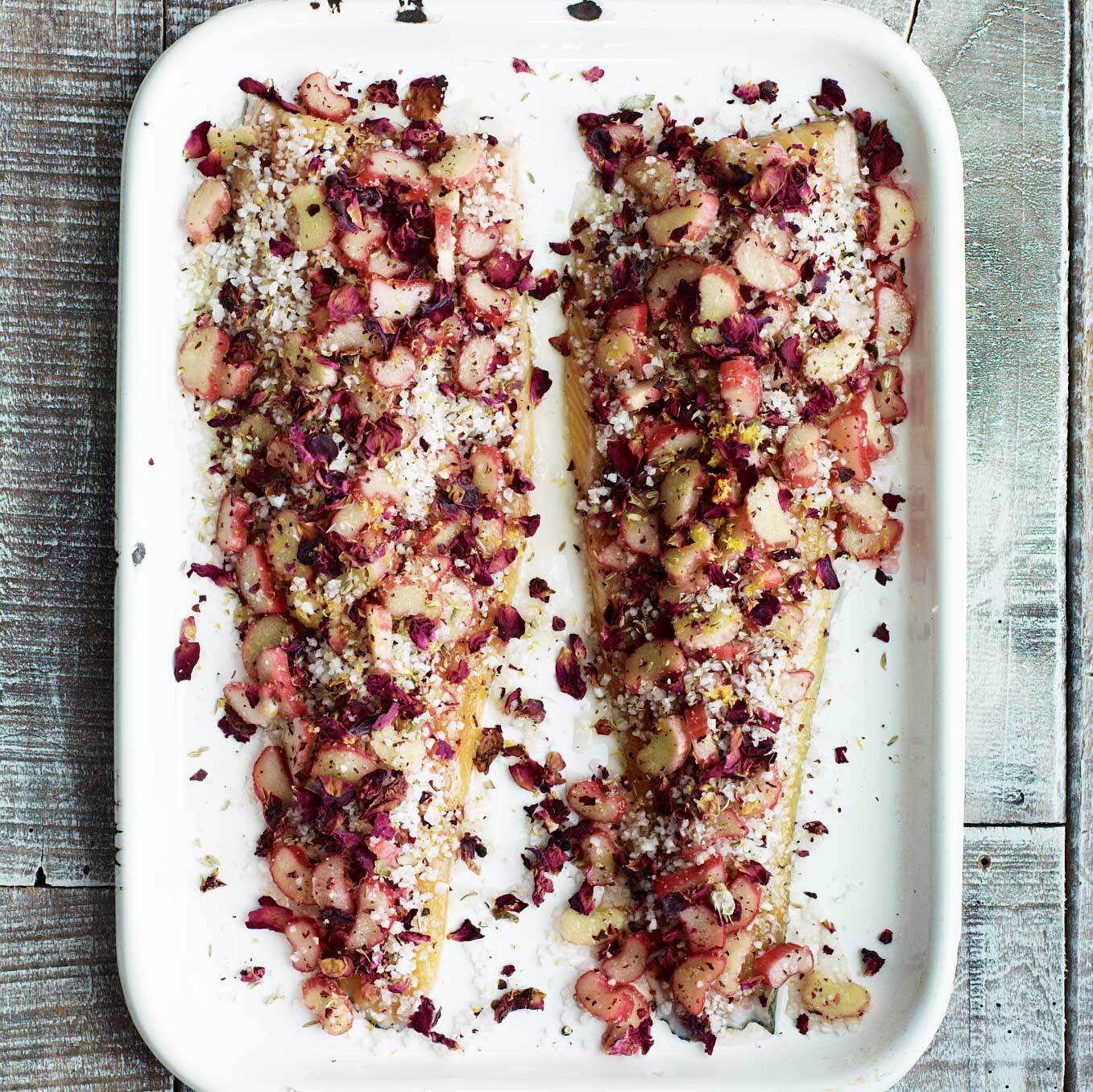 Cured trout with rhubarb & rose petals