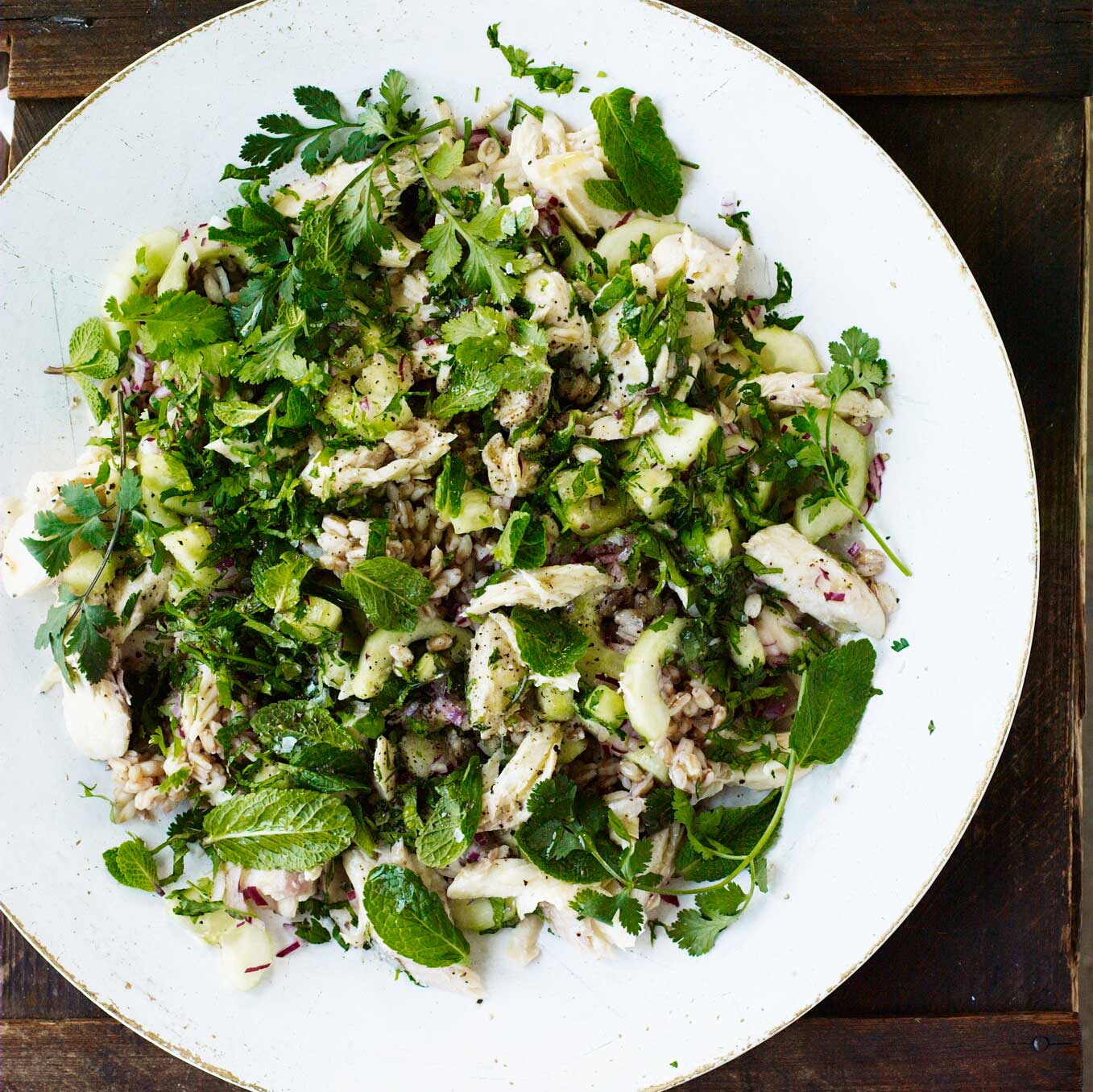 Trout with pickled cucumber, spelt & herbs