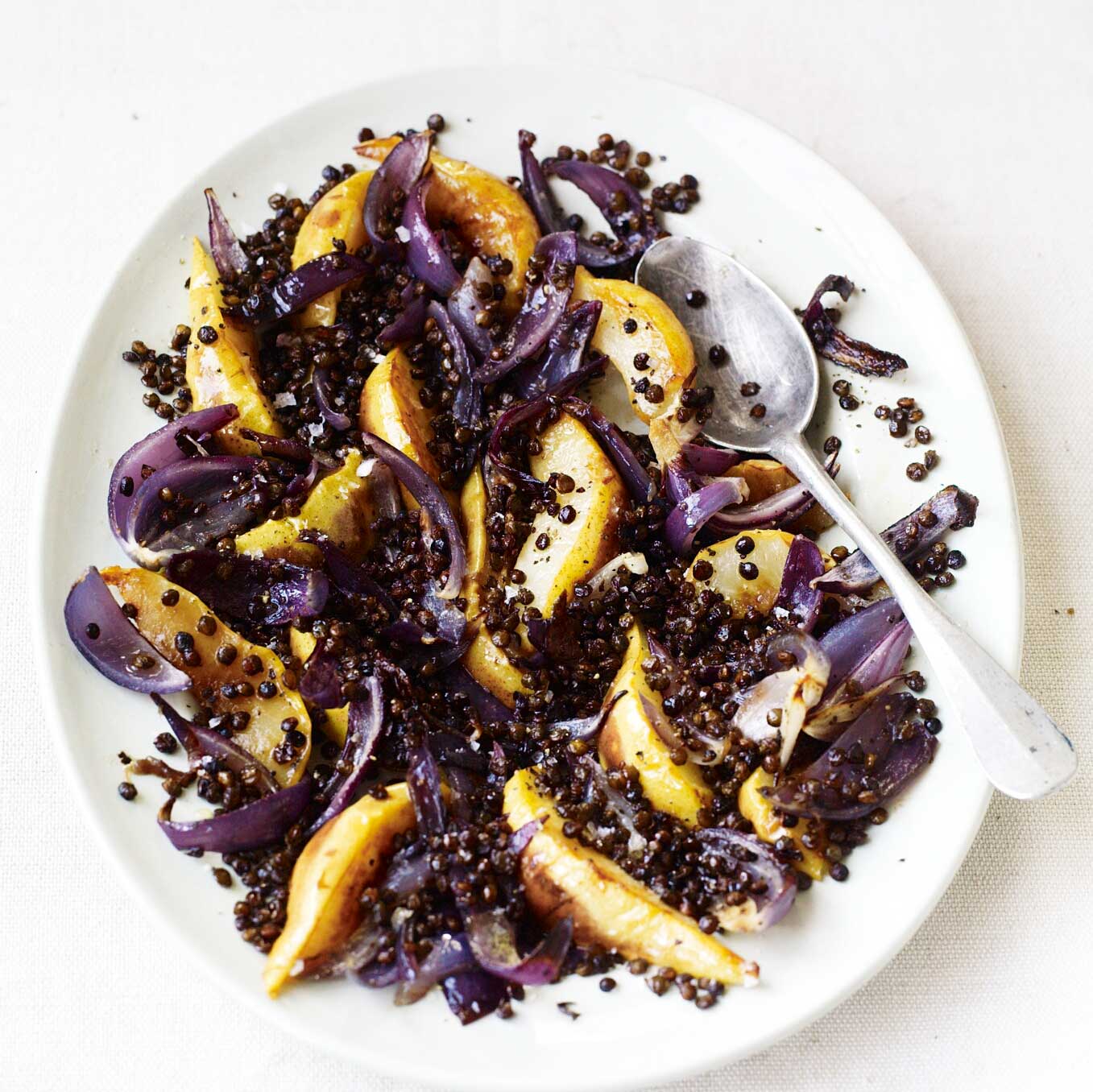 Fried pears with roast red onions & crisped puy lentils