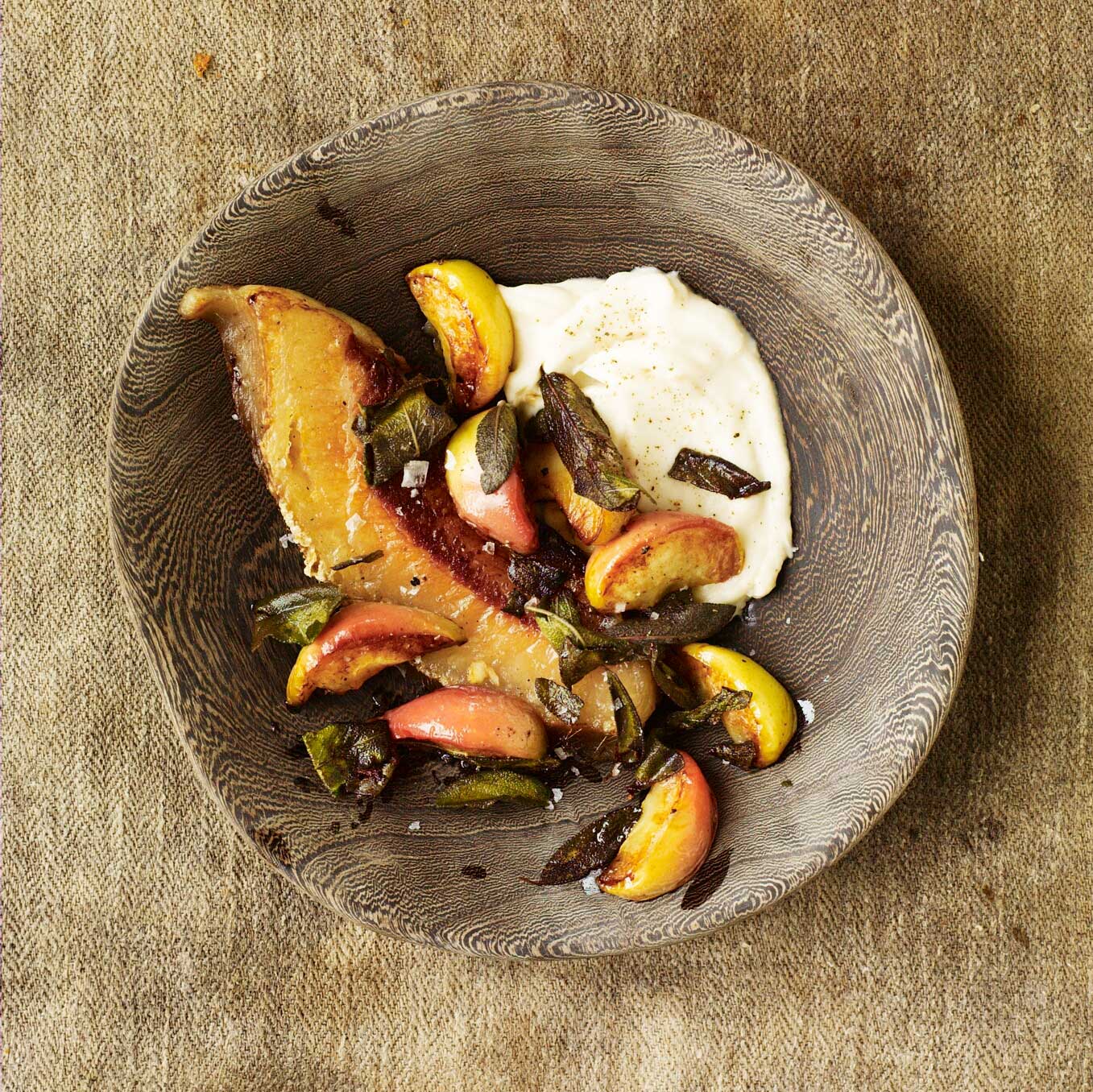 Fried apples with sage, pig’s cheek & celeriac