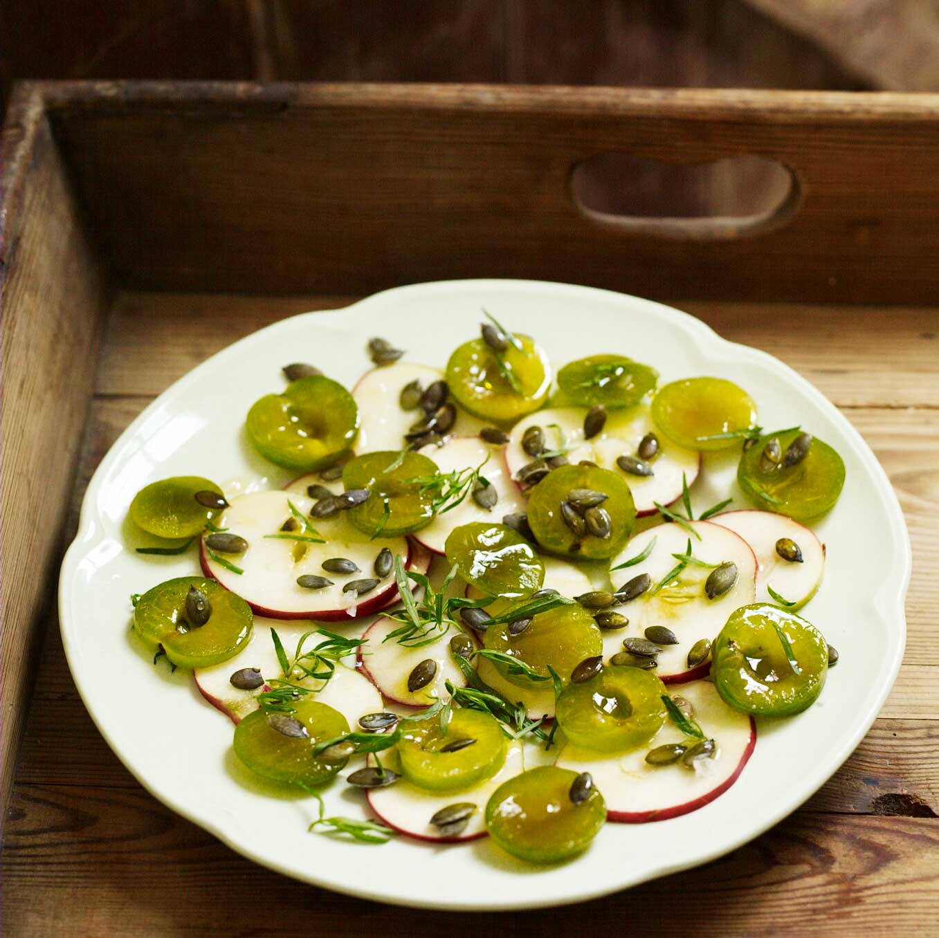 Apple, greengage & pumpkin-seed salad