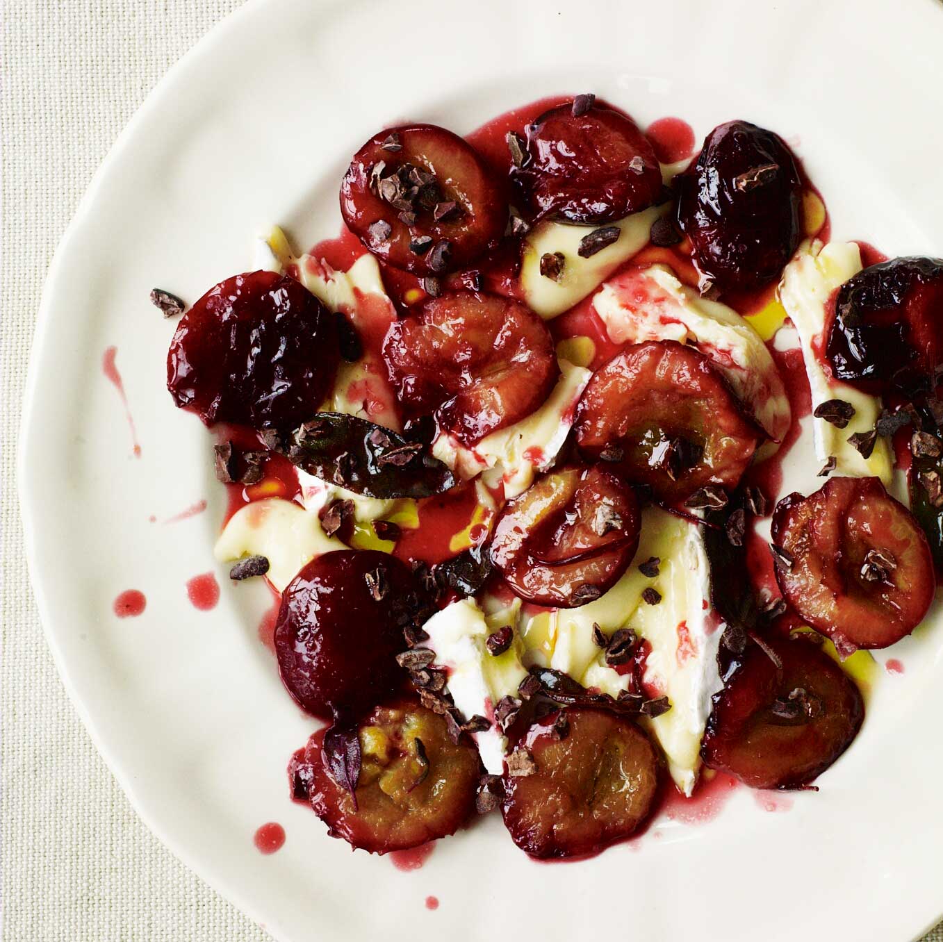 Damsons with sage, Camembert & cacao