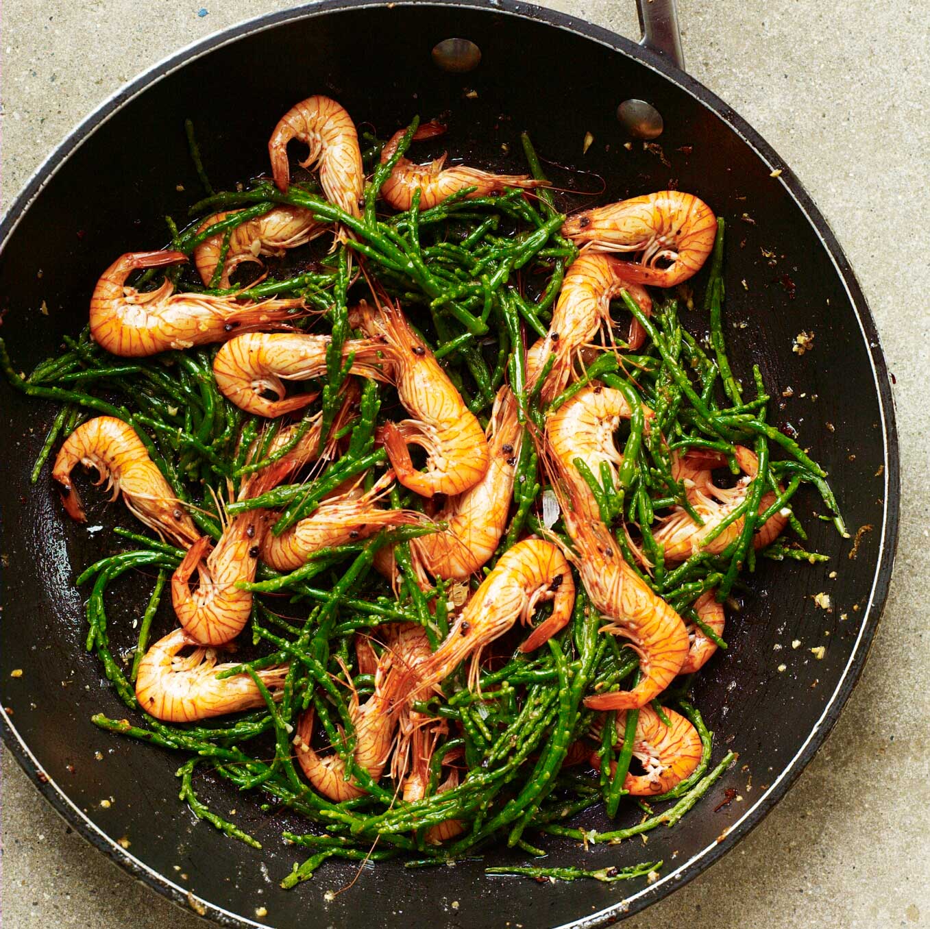 Samphire & prawns with butter & mace
