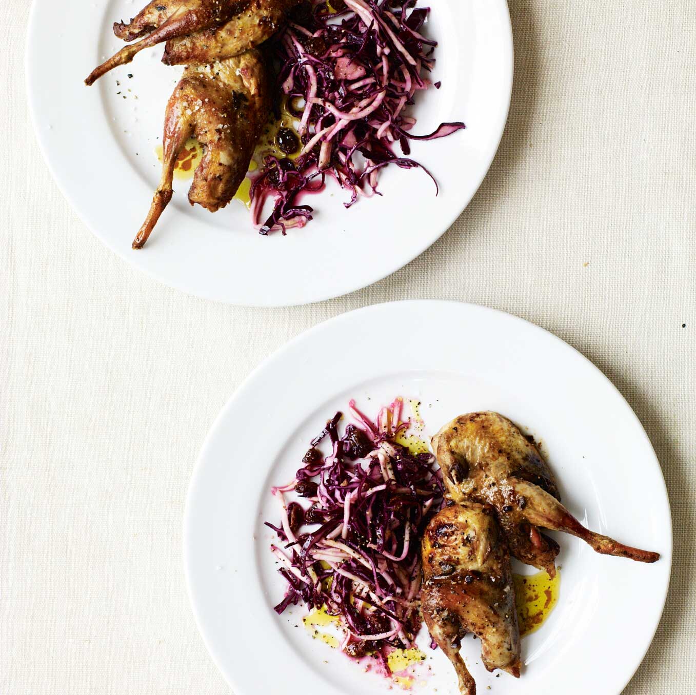 Roast partridge with red cabbage, celeriac & raisins