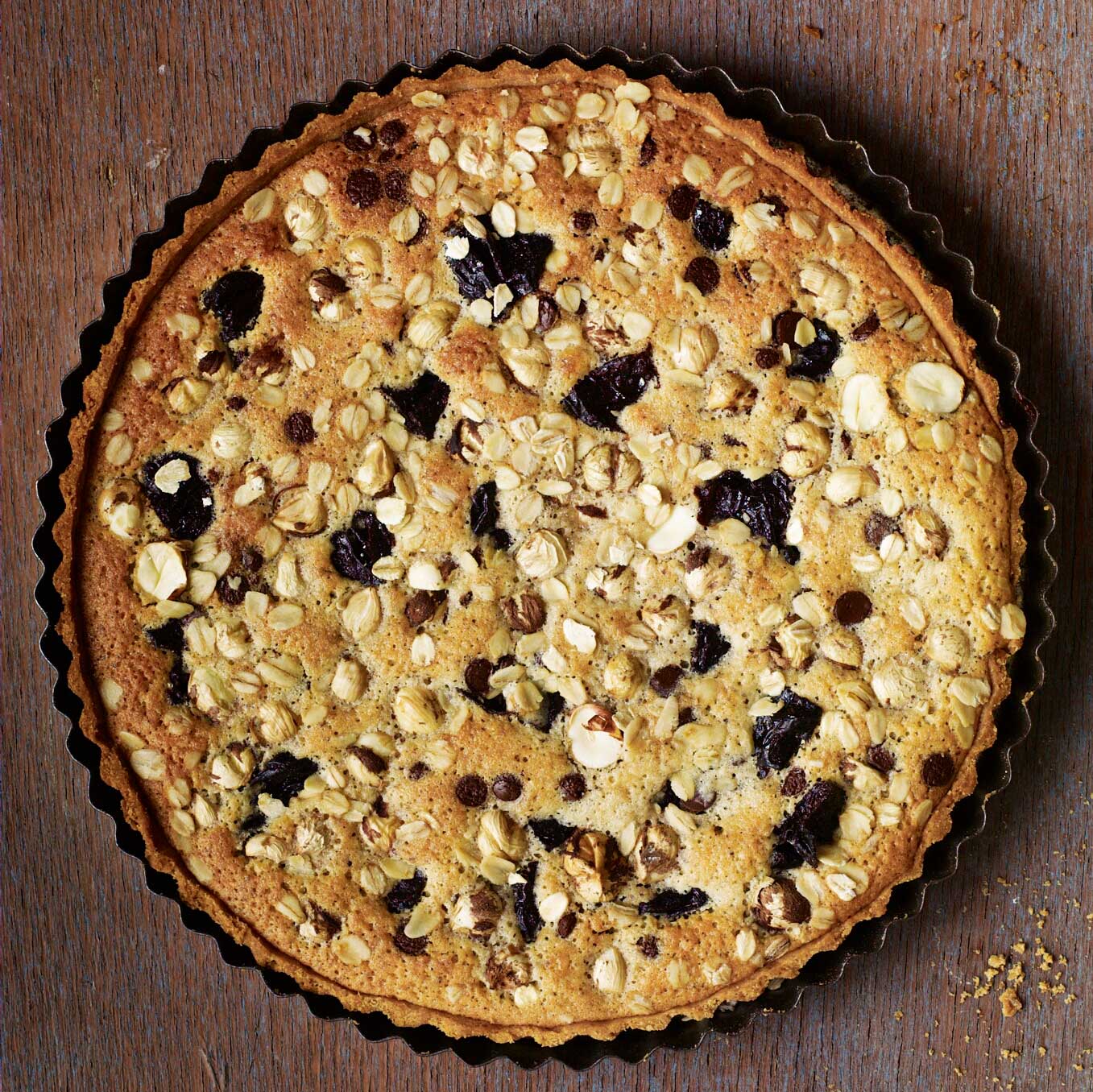 Cobnut, prune & chocolate tart