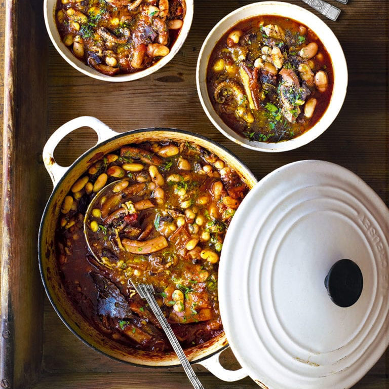 Slow cooked squid with white beans, bacon and lemon