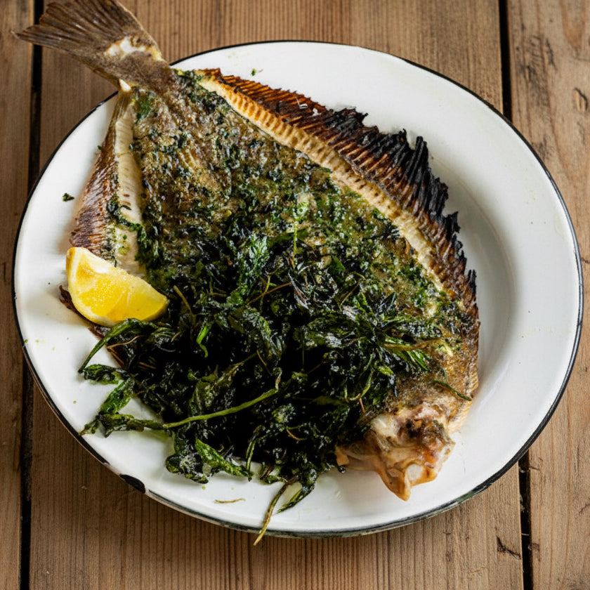 Grilled dab with garlic butter and crispy wild garlic
