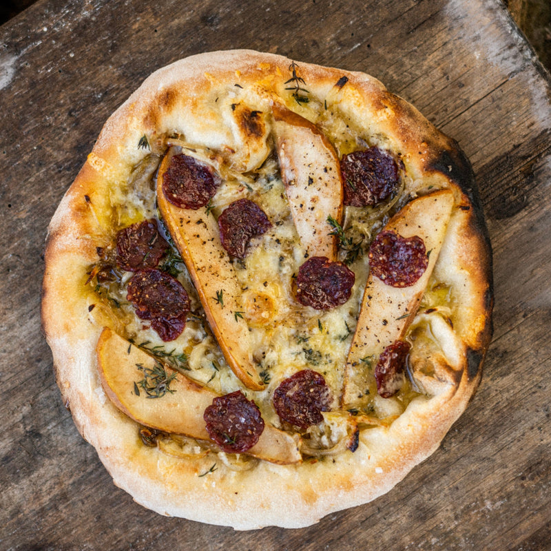 Venison salami, pear, blue cheese and thyme pizza
