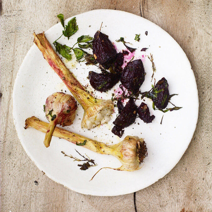 Roast beetroot & wet garlic with bay, lovage & thyme