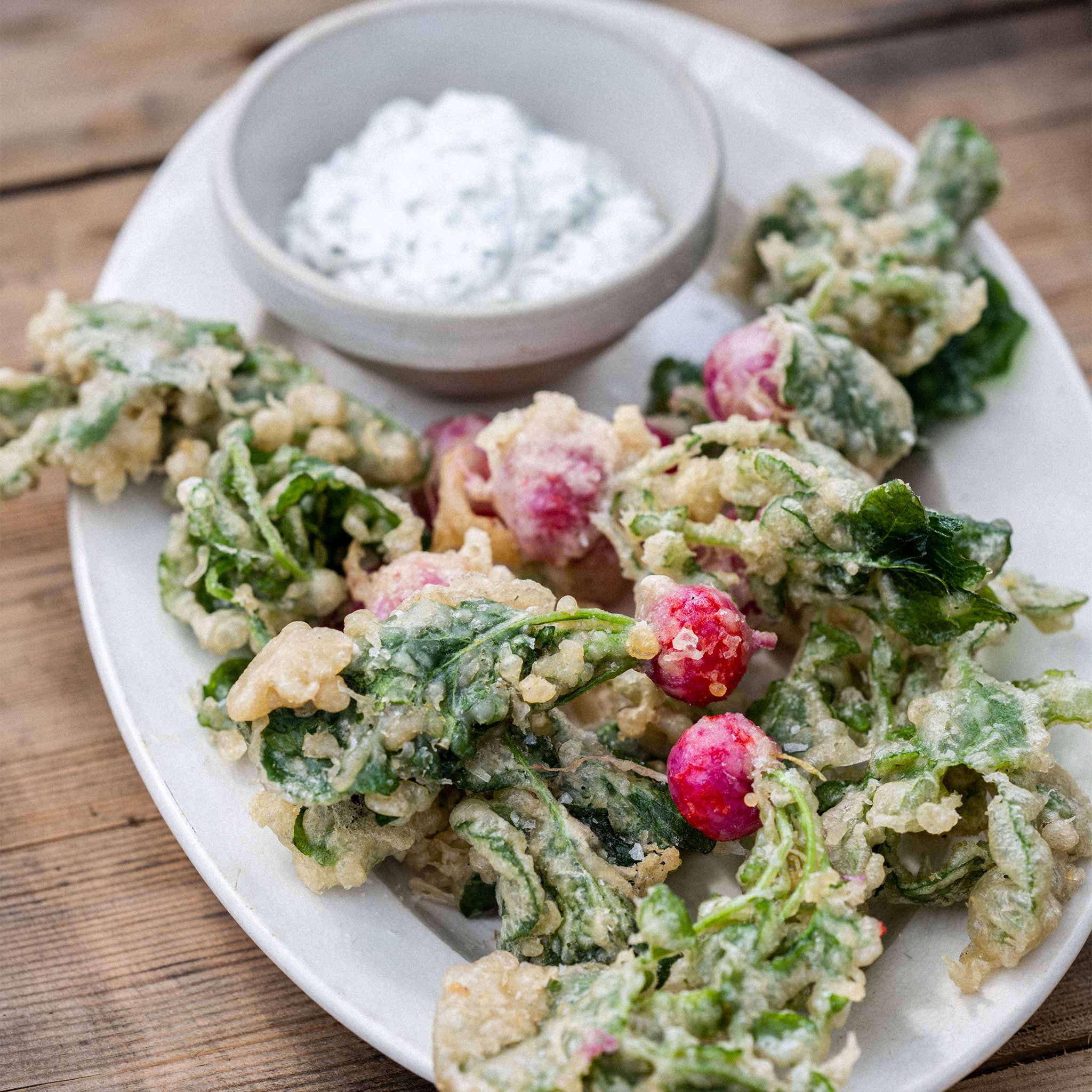 Crispy tempura radish with a yogurt and goats cheese dip