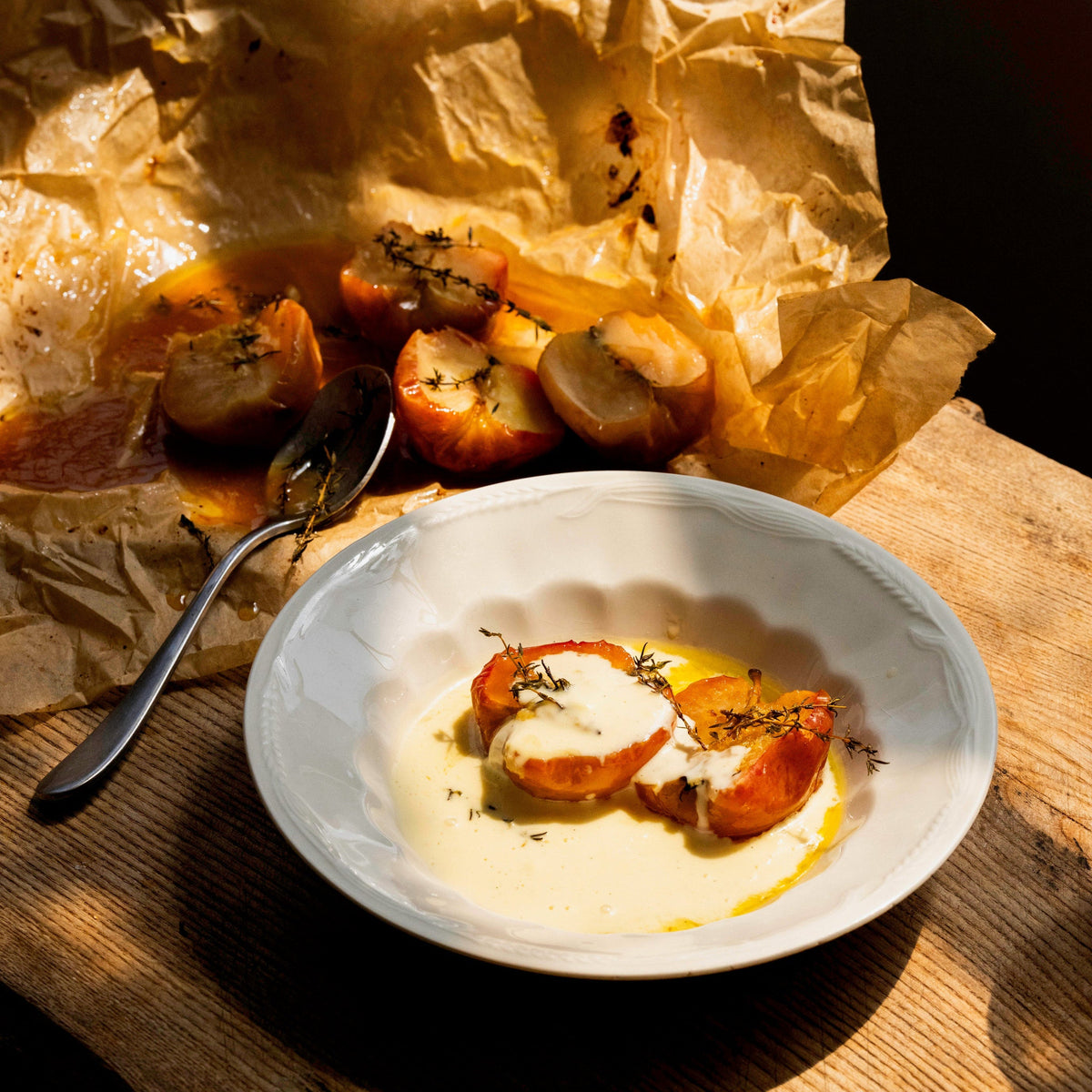 Thyme baked apples with homemade custard