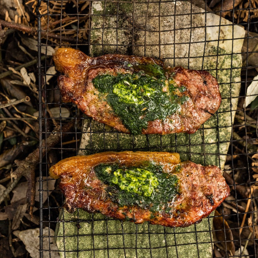 Sirloin steaks with wild garlic butter