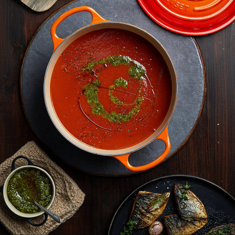 Slow-roast tomato soup with fried mackerel and basil pesto