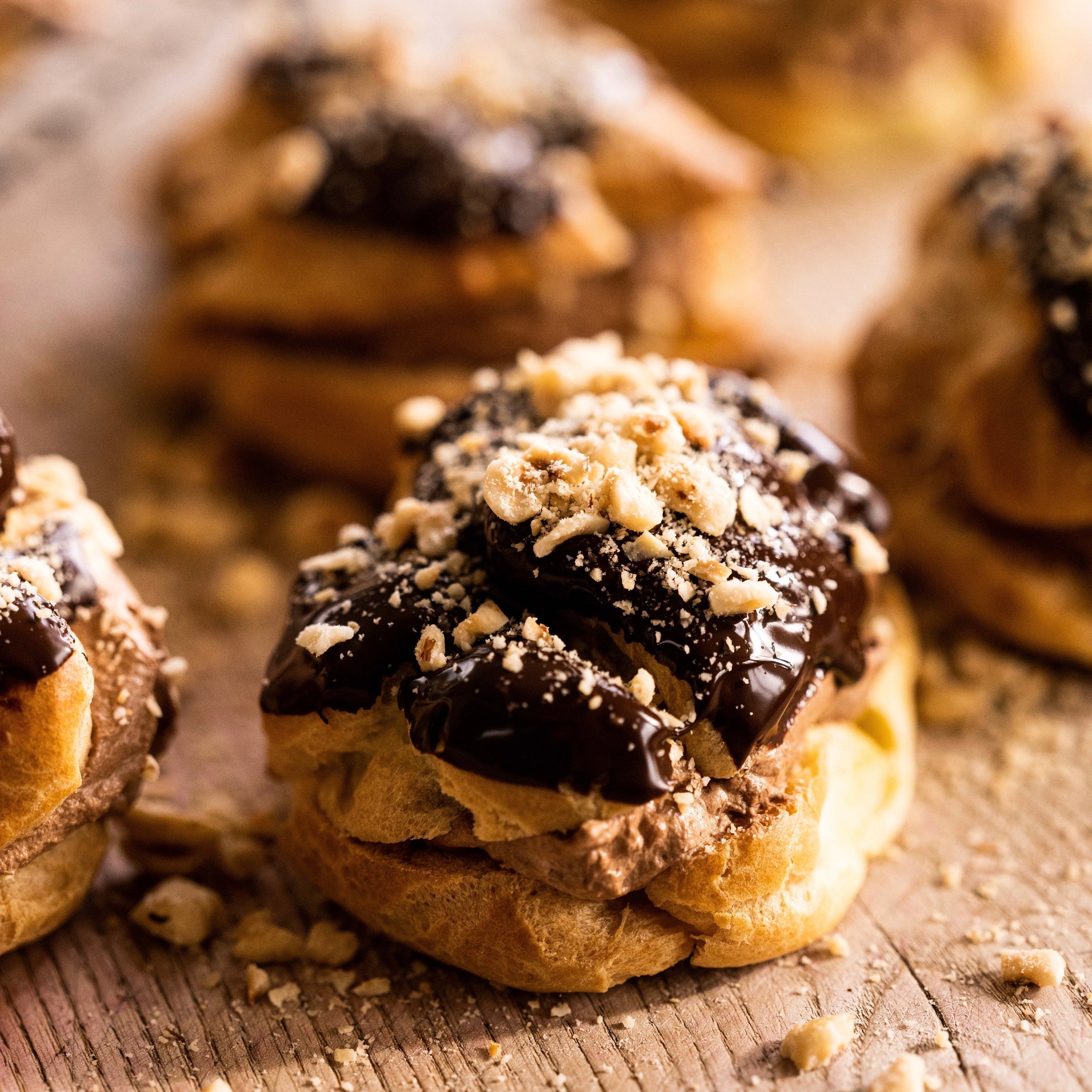 Chocolate, hazelnut and coffee choux buns