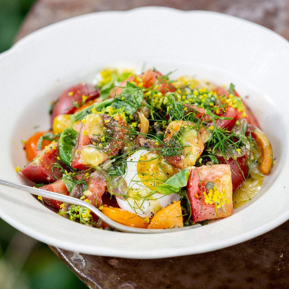 Summer tomato, egg, bread and herb salad