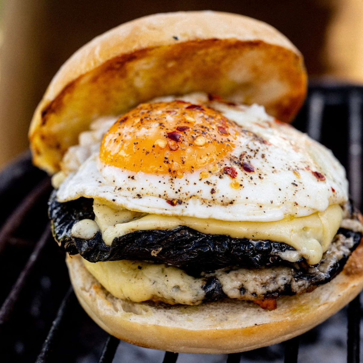 Barbecued mushroom and fried egg burgers