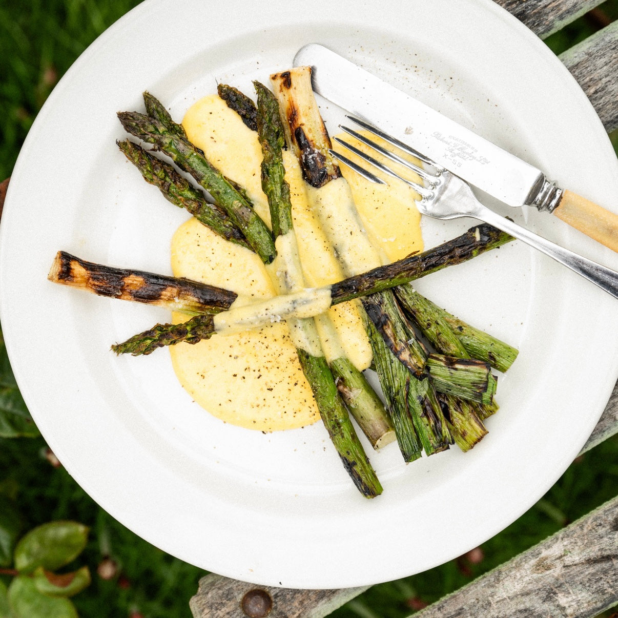 Barbecued asparagus and young leeks with hollandaise sauce