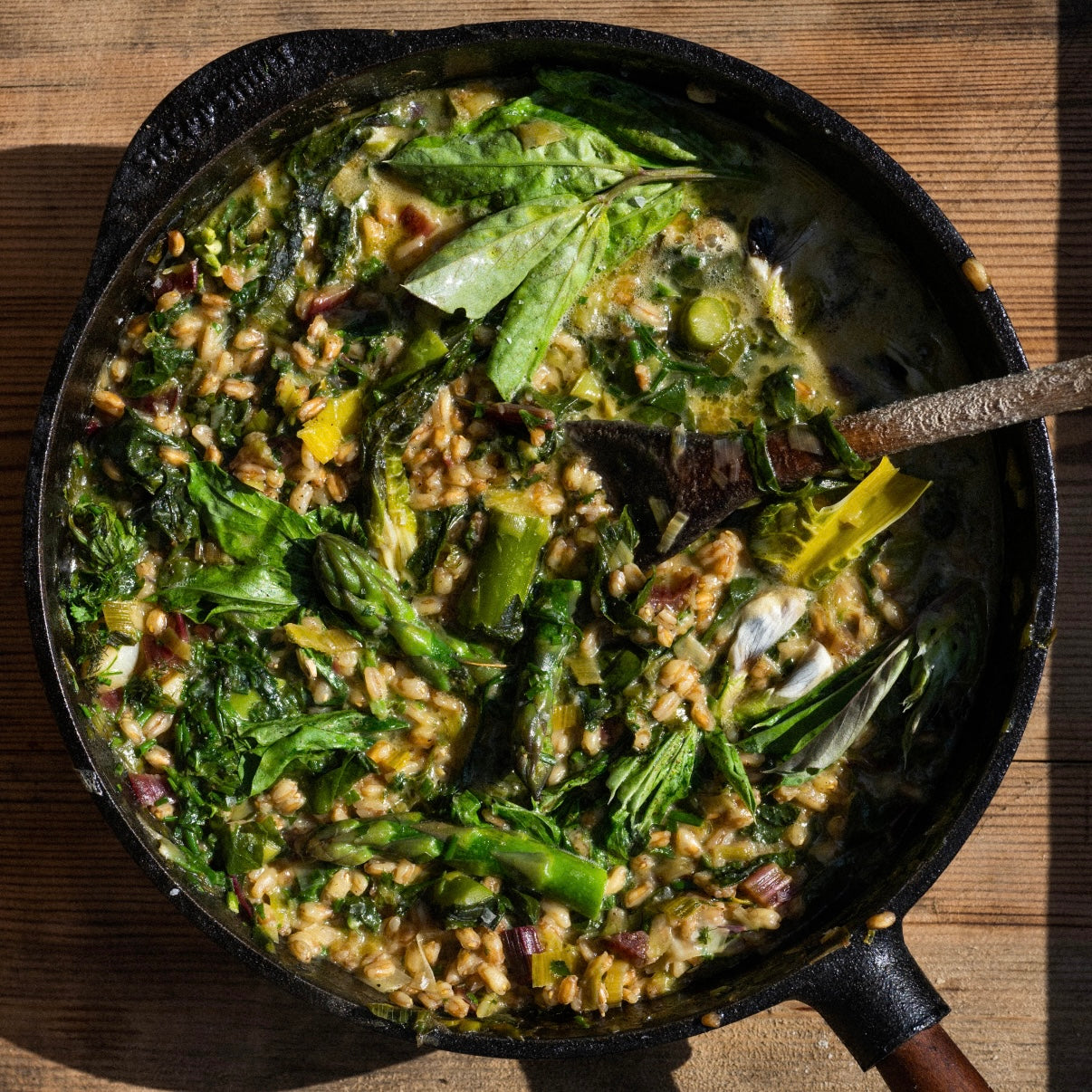 Spring speltotto with asparagus and chard