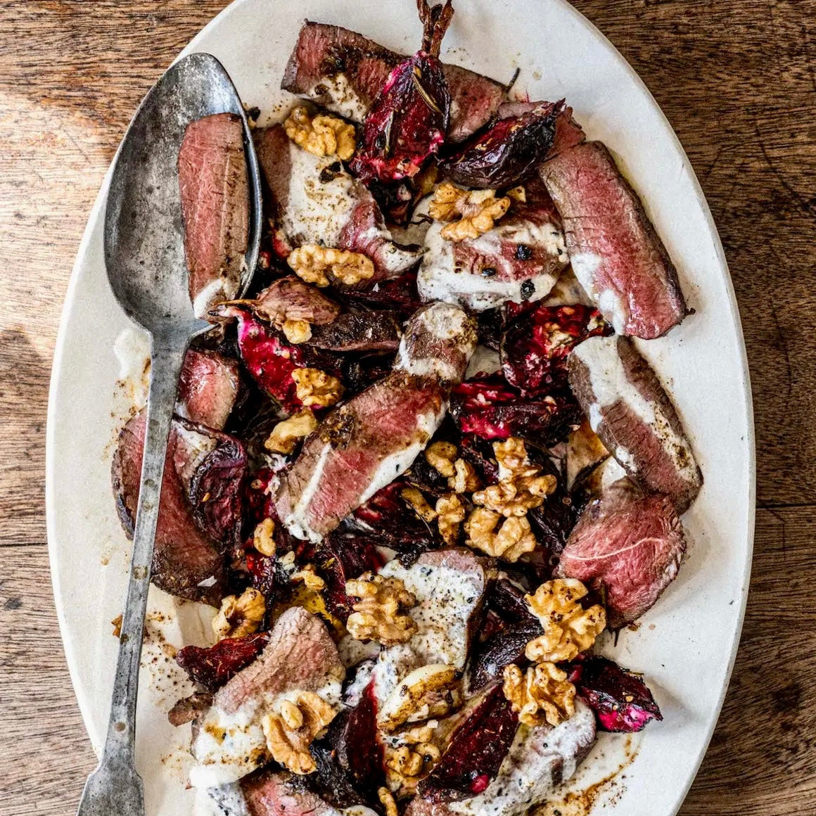 Seared Venison Steaks with Roast Beetroot, Cumin, Yogurt, Garlic & Rosemary