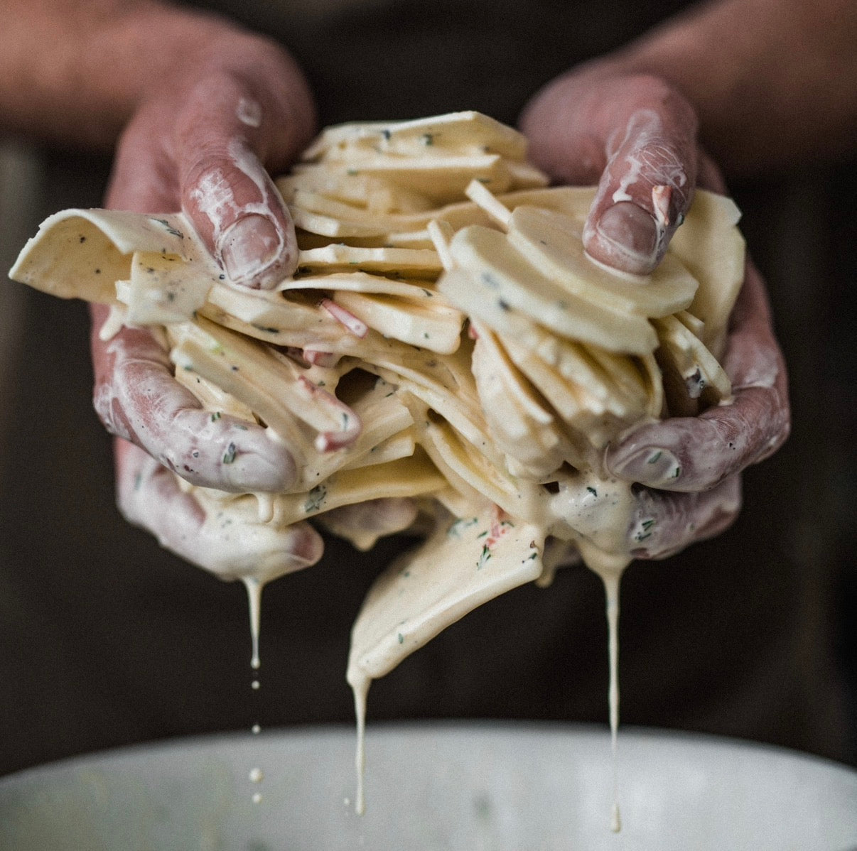 Celeriac and potato dauphinoise with anchovy, chilli, rosemary and garlic