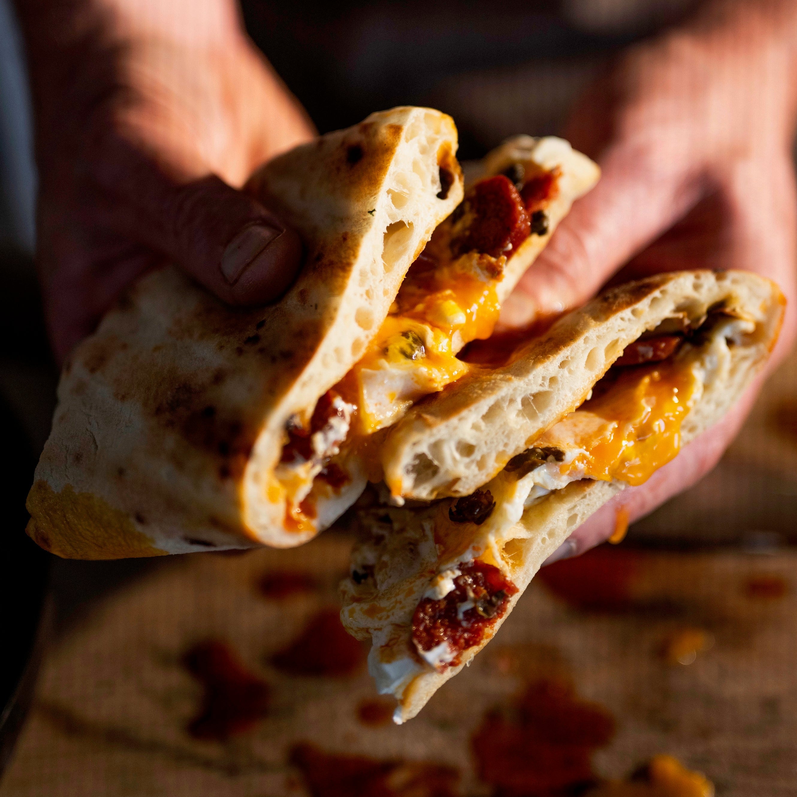 Flatbreads, labneh, crispy chorizo, fried eggs