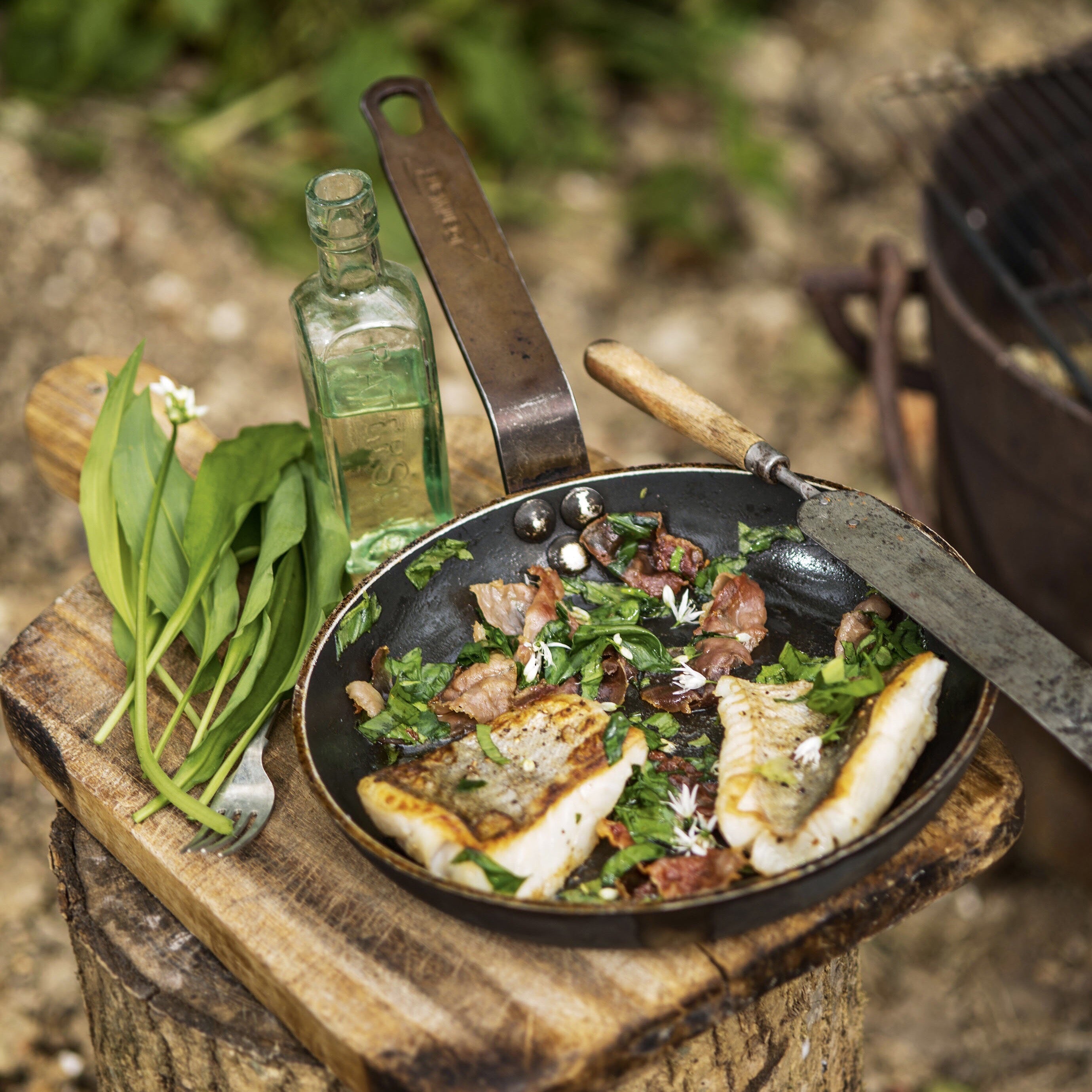 Pan fried pollock with wild garlic and crispy air-dried ham